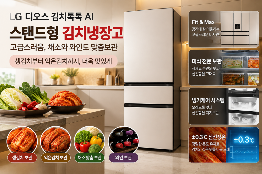 LG 디오스 AI 김치톡톡 Fit & Max 386L 스탠드형｜가격·김치 보관 기능·장단점 총정리 제품 이미지