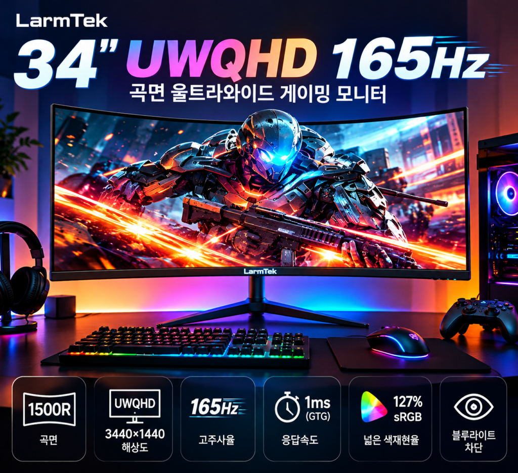 라름텍 34인치 게이밍 모니터 Q34B4D｜UWQHD 165Hz·1500R 커브드·PBP 화면분할 기능과 장단점 제품 이미지